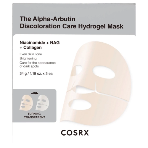 COSRX – Arbutin Discoloration Hydrogel Mask – set de măști hidrogel iluminatoare cu alfa-arbutină – 34 g × 3 buc.