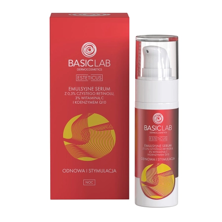 BasicLab - Esteticus - Reînnoire și stimulare - Serum emulsie cu 0,3% Retinol pur, 3% Vitamina C și Coenzima Q10 - 30ml