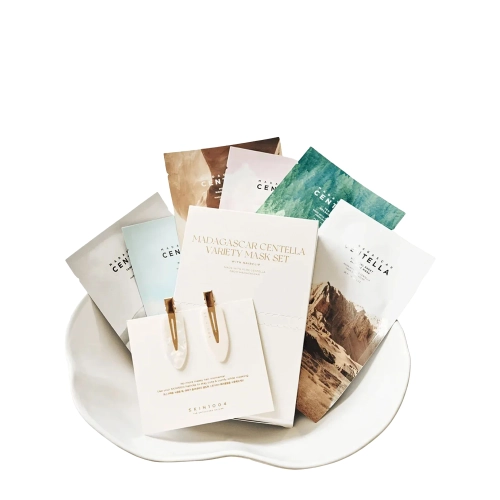 SKIN1004 – Madagascar Centella Variety Mask Set – Set de 6 măști tip șervețel cu agrafe pentru păr – 23 ml + 25 ml + 22 ml + 23 ml + 24 ml + 25 ml