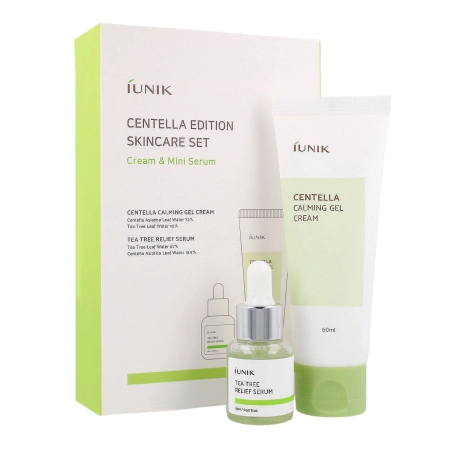 iUNIK - Set de îngrijire a pielii Centella Edition - Gel calmant - Cremă cu Centella Asiatică 60ml și Ser cu apă de arbore de ceai pentru pielea probleme  