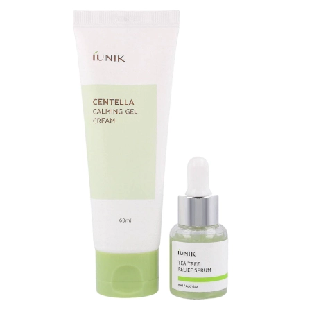 iUNIK - Set de îngrijire a pielii Centella Edition - Gel calmant - Cremă cu Centella Asiatică 60ml și Ser cu apă de arbore de ceai pentru pielea probleme  