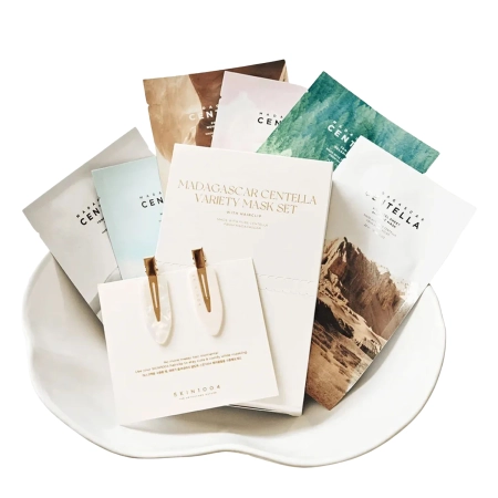 SKIN1004 – Madagascar Centella Variety Mask Set – Set de 6 măști tip șervețel cu agrafe pentru păr – 23 ml + 25 ml + 22 ml + 23 ml + 24 ml + 25 ml