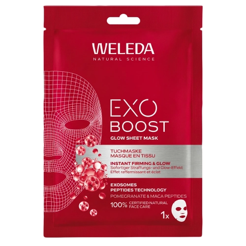 WELEDA - Exo Boost Glow Sheet Mask - Mască sub formă de foaie cu rodie și peptide de maca - 1 buc./20 ml