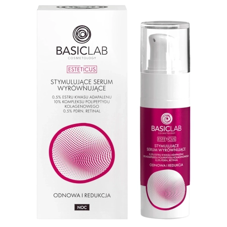 BasicLab - Esteticus - Ser stimulant pentru uniformizare cu 0,5% ester al acidului adapalenic, 10% complex de polipeptide de colagen, 0,5% PDRN și retinal - 30 ml
