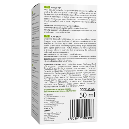Apis - Home Terapis - Acne-Stop - Light Normalizing and Anti-Acne Cream with Green Tea - Cremă antiacneică ușor normalizantă cu ceai verde - 50ml