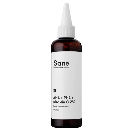 Sane - Face Toner PHA + AHA + Vitamin C 2% Purifying Glow Solution - Toner exfoliant și iluminator pentru față - 100 ml