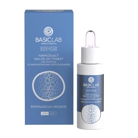 BasicLab – Esteticus – Revitalizare și Calm – Emu-gel hidratant pentru față cu 4% ectoină, aminoacizi și beta-glucan – 30 ml