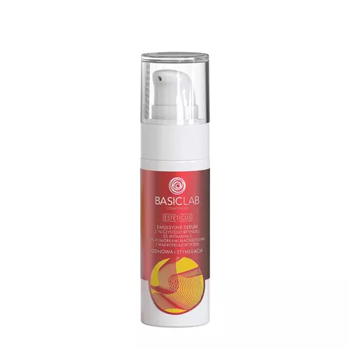 BasicLab - Esteticus - Reînnoire și stimulare - Serum emulsie cu 1% Retinol pur, 5% Vitamina C, Coenzima Q10 și 2% celule mamă de Centella Asiatica - 30ml