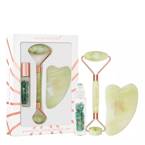 Crystallove - Set de frumusețe din Jade: Roller pentru față + Placă Gua Sha + Sticlă Roll-on