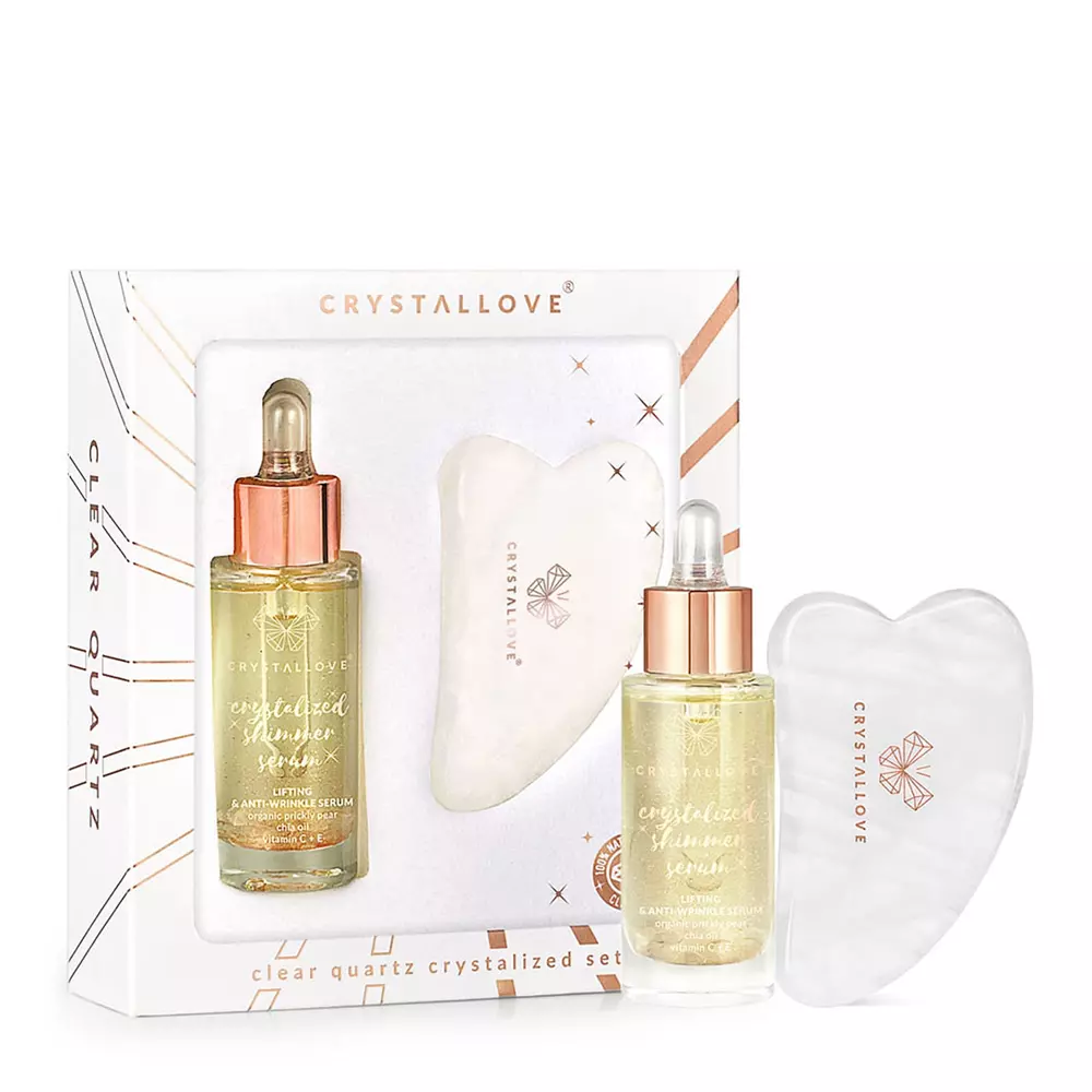 Crystallove - Clear Quartz Crystallised Set - Ser facial și placă de masaj Gua Sha de cristal de munte - 30ml