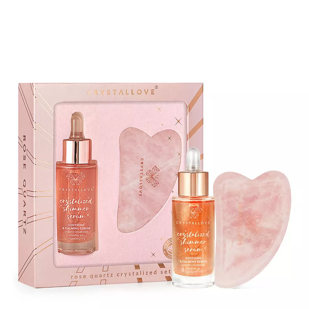 Crystallove - Rose Quartz Crystallised Set - Ser facial  de trandafir și placă de masaj Gua Sha din cuarț - 30ml