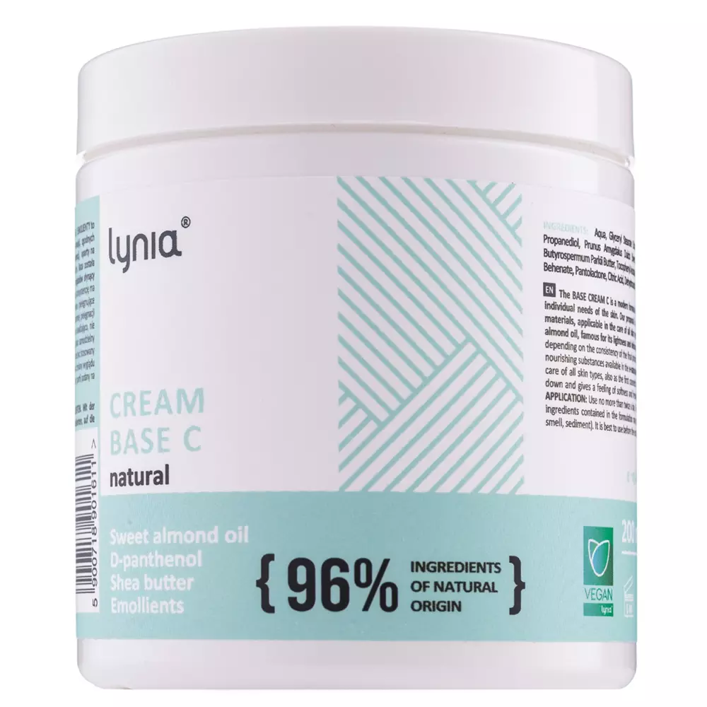 Lynia - Cream Base C Natural - Cremă de bază hidratantă ușoară cu vitaminele B5 și E - 200ml