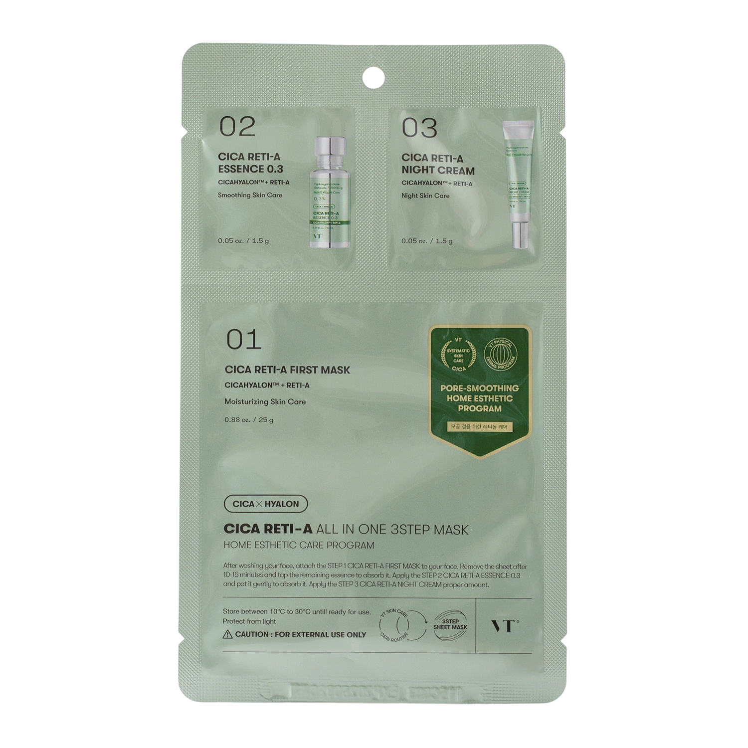 VT Cosmetics - CICA Reti-A All In One 3Step Mask - Mască facială de folie hidratantă și exfoliantă - 1.5g+1.5g+25g